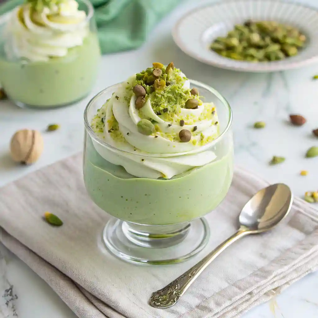 Pistachio pudding dessert with whipped cream and crushed pistachios in a clear glass