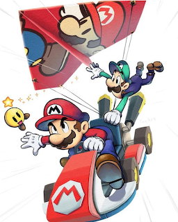 Mario and Luigi racing in go-karts with other characters in pursuit on white background