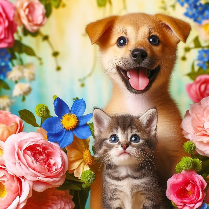 Happy puppy and gray kitten surrounded by pink roses and blue daisies