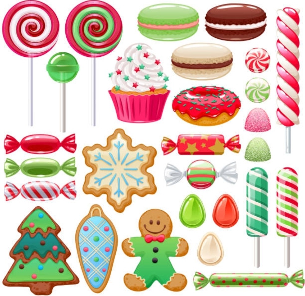 Colorful illustrated candies, cookies, lollipops, and festive sweets on a white background