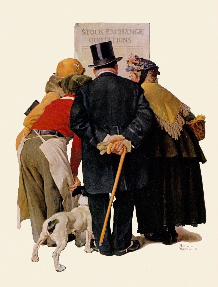 Painting of four Victorian-dressed figures from behind with a small white dog