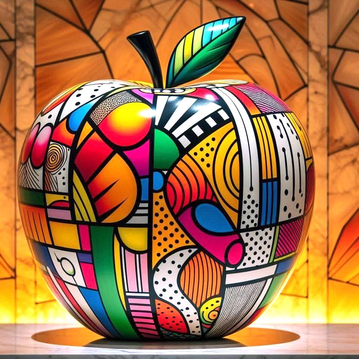 Vibrant pop art apple with colorful geometric patterns and abstract designs on wooden mosaic background