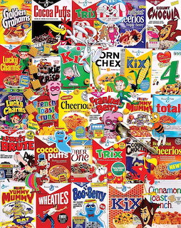 Grid collage of vintage cereal boxes including Corn Chex, Wheaties, Lucky Charms, and other classic breakfast brands