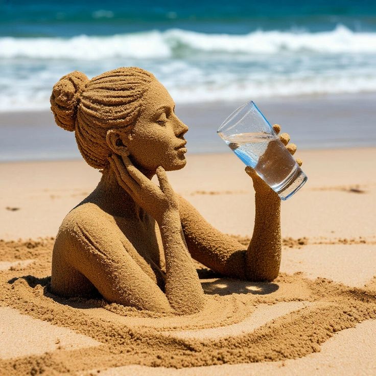 Sand sculpture of woman with braided hair drinking from glass on beach with ocean waves behind