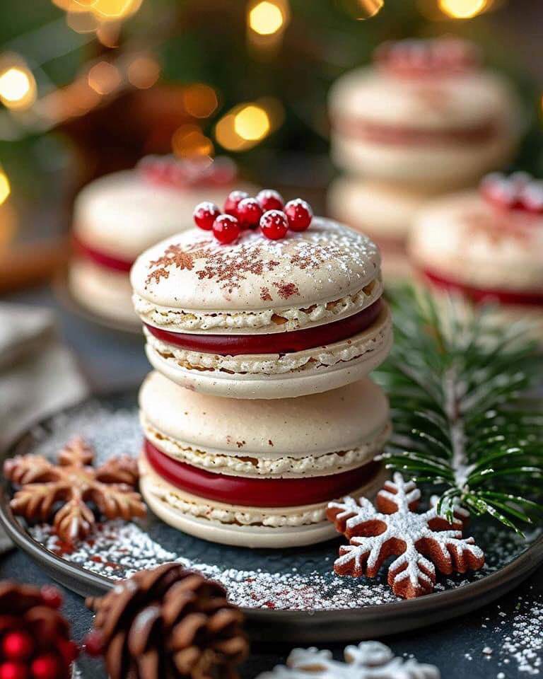 Stacked macarons with powdered sugar and red berries on dark plate with Christmas decorations and bokeh lights
