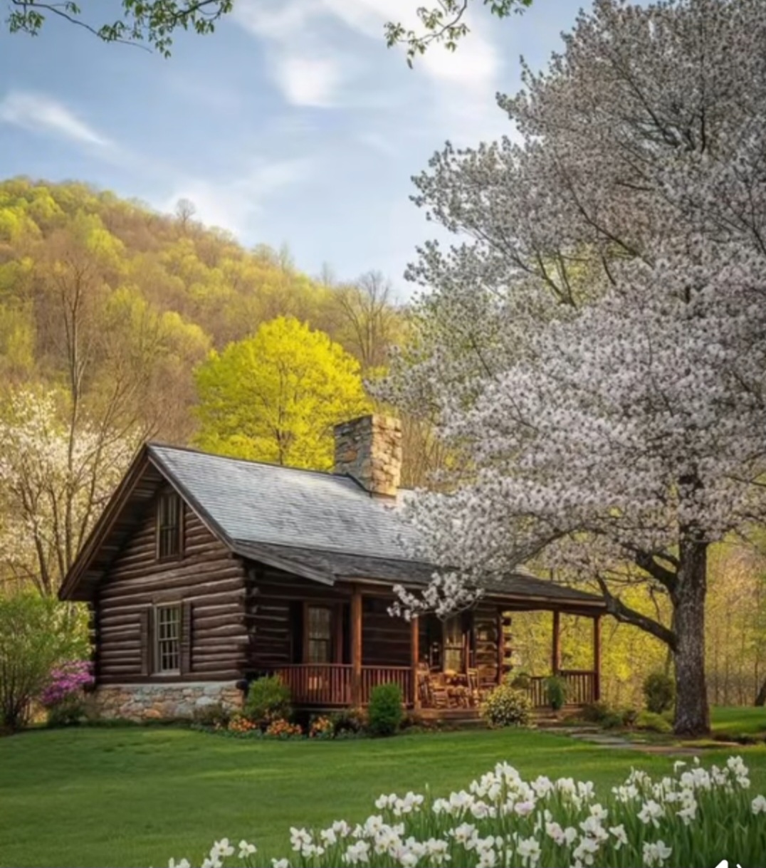 Wooden cabin surrounded by tall trees in a quiet forest