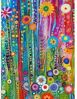 Colorful abstract art with stylized flowers on decorated vertical stems with dots, circles and patterns