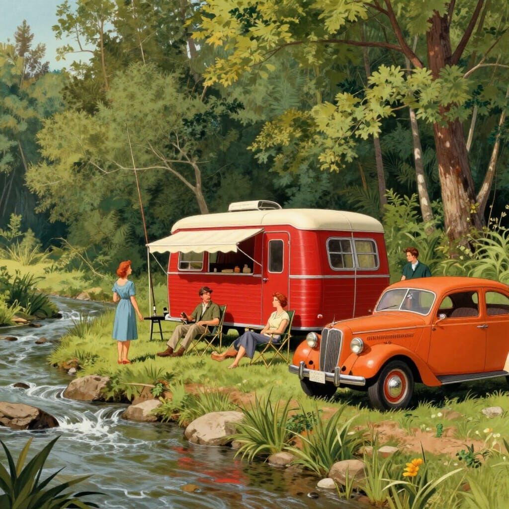 Vintage camping scene with a red trailer, orange car, and people by a forest stream