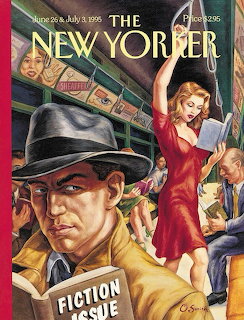 Illustration of passengers reading on a train, man in fedora with The New Yorker magazine, woman in red dress with book
