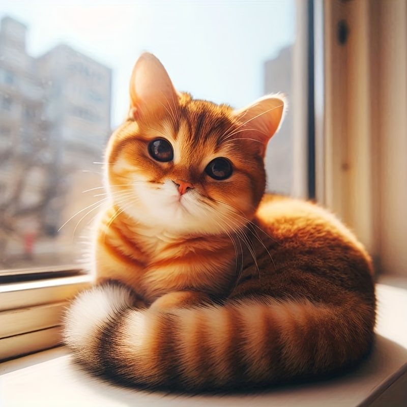 Fluffy golden tabby cat curled on a sunny windowsill by a window