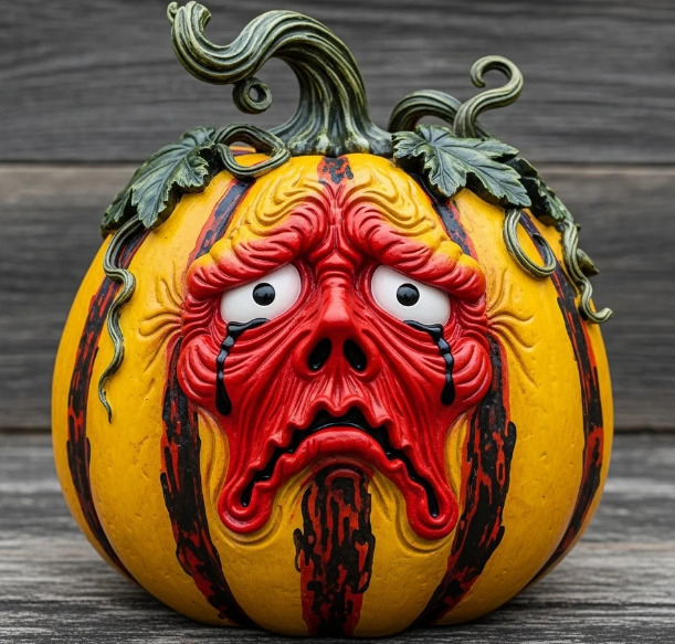 Orange pumpkin with elaborate red carved face design and decorative green stem on wooden surface