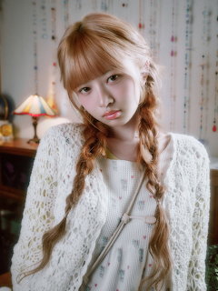 Young woman with strawberry blonde braided pigtails in a white knit cardigan indoors