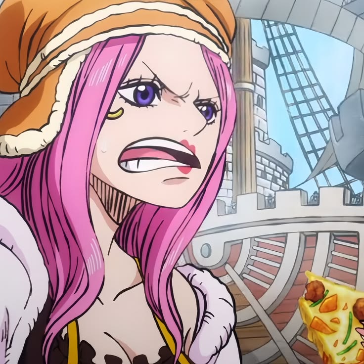 Pink-haired anime girl with orange hat showing angry expression on ship deck