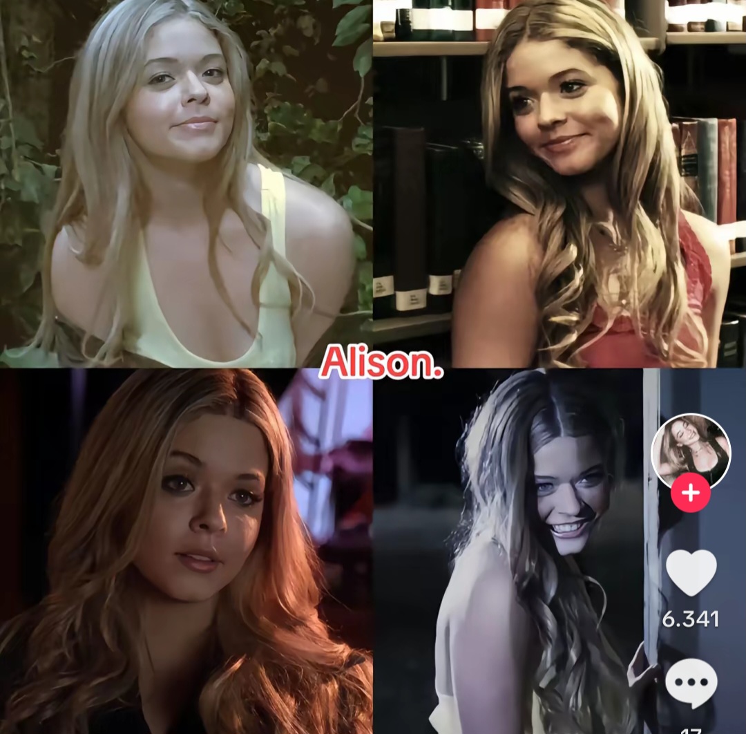 Four-panel collage of a blonde woman in different scenes with the caption Alison