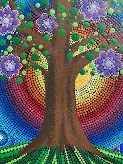 Tree with dotted mandala flowers and rainbow circular patterns in folk art style