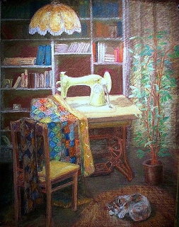 Painting of a cozy sewing room with vintage sewing machine, patchwork quilt, sleeping cat, and bookshelves