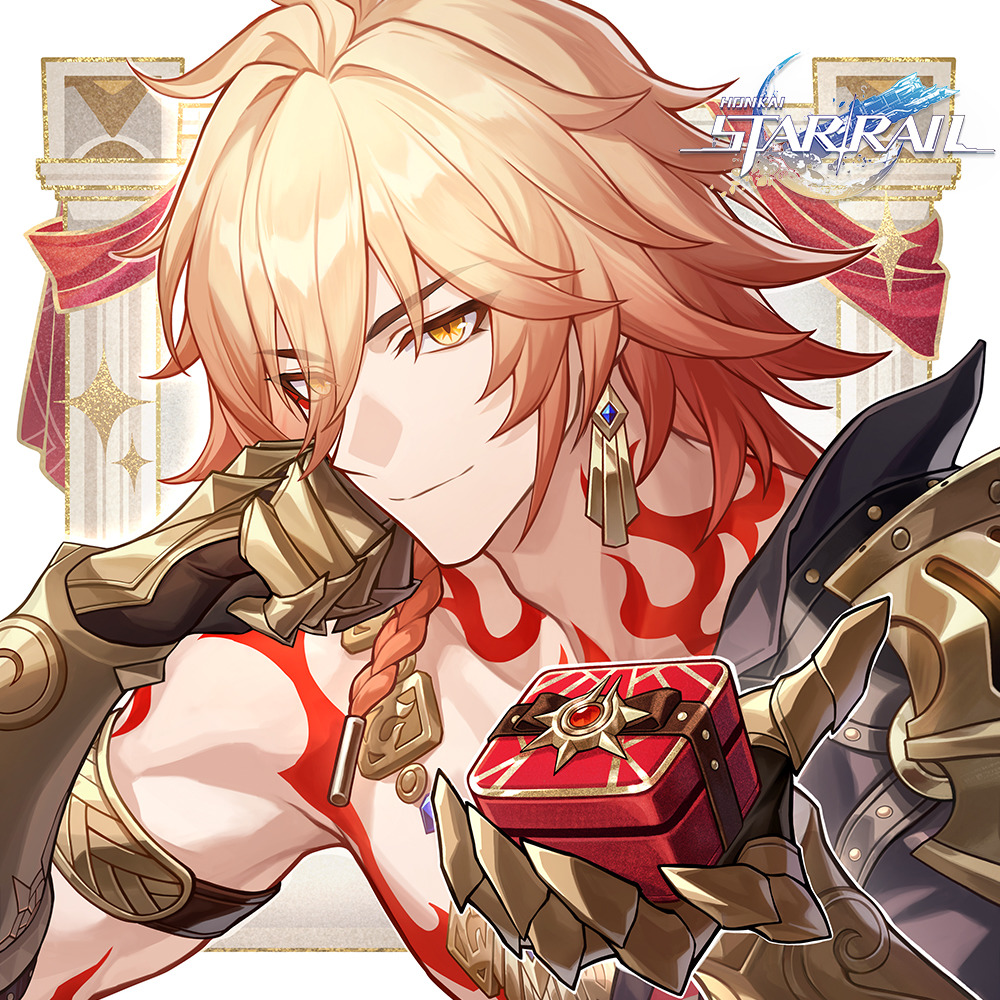 Anime character with blonde hair in gold armor holding red gift box