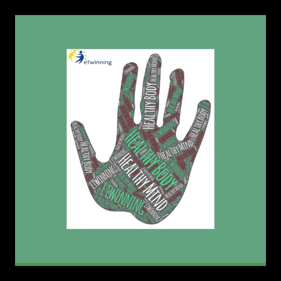 Hand-shaped word art reading Healthy Body Healthy Mind on a green background