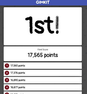 Gimkit results screen displaying '1st!' and a final score of 17,565 points with a leaderboard