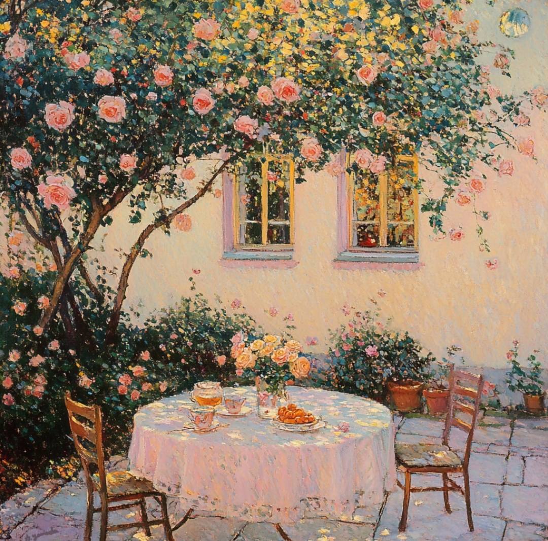 Sunny garden courtyard with blooming trees, white-clothed table, wooden chairs, and potted plants by a pale yellow wall