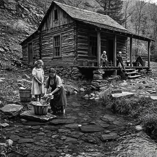 Black and white photo of women washing clothes in a stream by a log cabin in early 1900s Appalachia