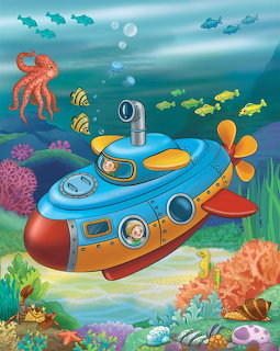 Cartoon submarine with propeller underwater surrounded by colorful fish, coral, and octopus