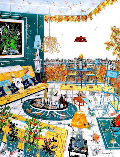Colorful painted terrace with blue walls, yellow couch, autumn plants, and Paris cityscape view