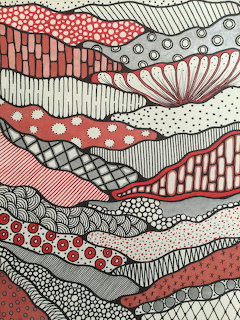 Hand-drawn zentangle pattern with wavy layers in red, gray, and white featuring various decorative fills