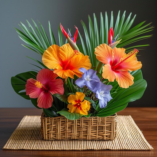 Vibrant tropical flower arrangement with hibiscus blooms in wicker basket on bamboo mat