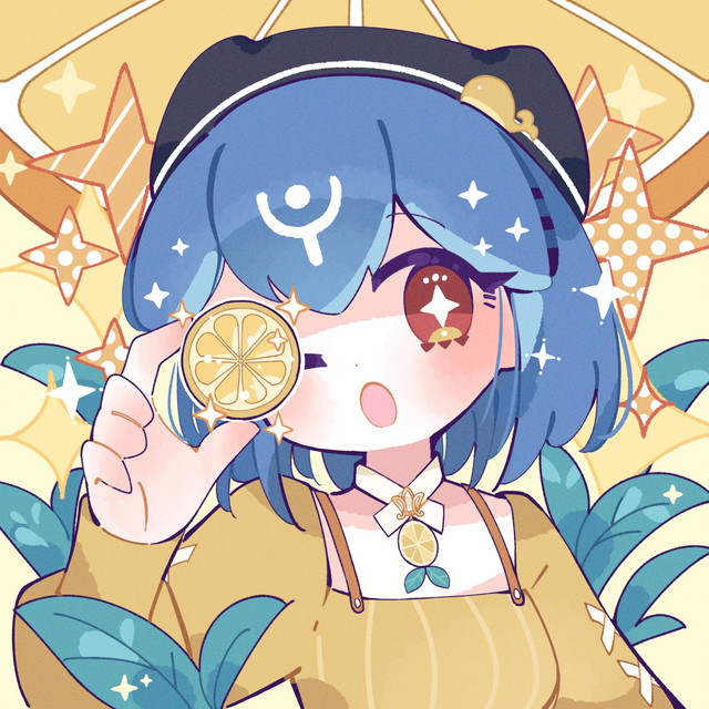 Anime girl with blue hair holding lemon slice in yellow hoodie with citrus fruit background