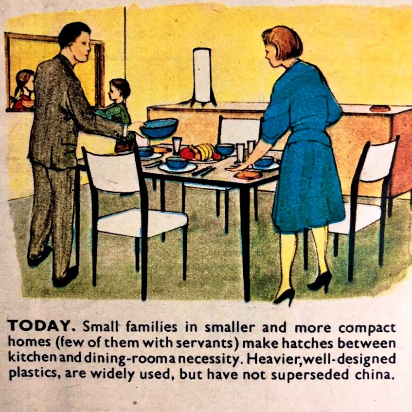 Vintage illustration of a man and woman in a small 1960s kitchen dining room with a table and chairs.