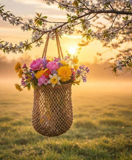 Woven hanging basket with pink, yellow, and purple flowers on a cherry blossom branch at sunset