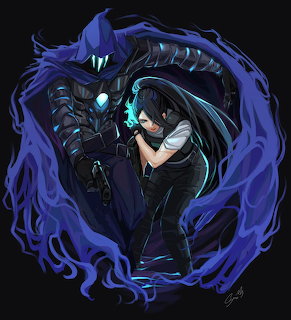 Digital illustration of Valorant agents Sage and Omen surrounded by blue flames and dark energy