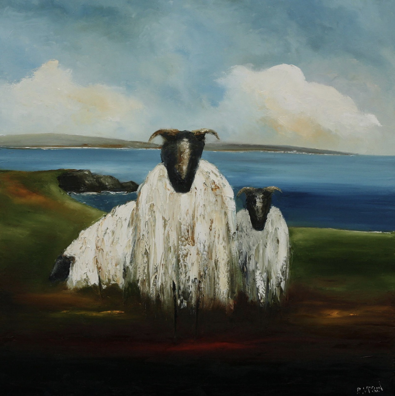 Painting of two white sheep with black faces on grassy cliff above blue ocean