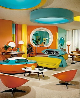 Colorful retro futuristic living room with turquoise and orange space-age furniture and round ceiling fixtures