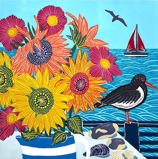 Colorful flowers in blue-white striped vases beside an oystercatcher bird with ocean, sailboat and seagull in background