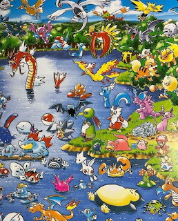 Illustrated scene with multiple Generation 1 Pokemon characters in a colorful outdoor environment