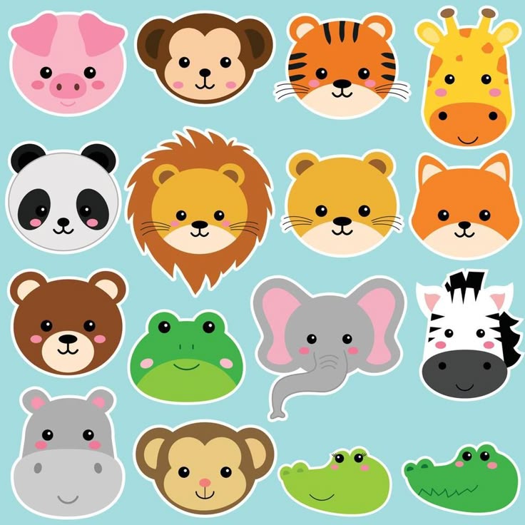 Grid of 16 cute cartoon animal face stickers with simple kawaii-style designs on blue background