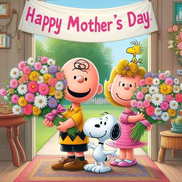 Charlie Brown characters with flower bouquets celebrating Mother's Day indoors