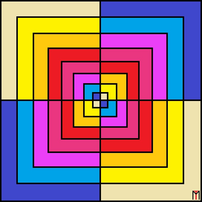 Abstract geometric art with colorful concentric squares in bright primary and secondary colors