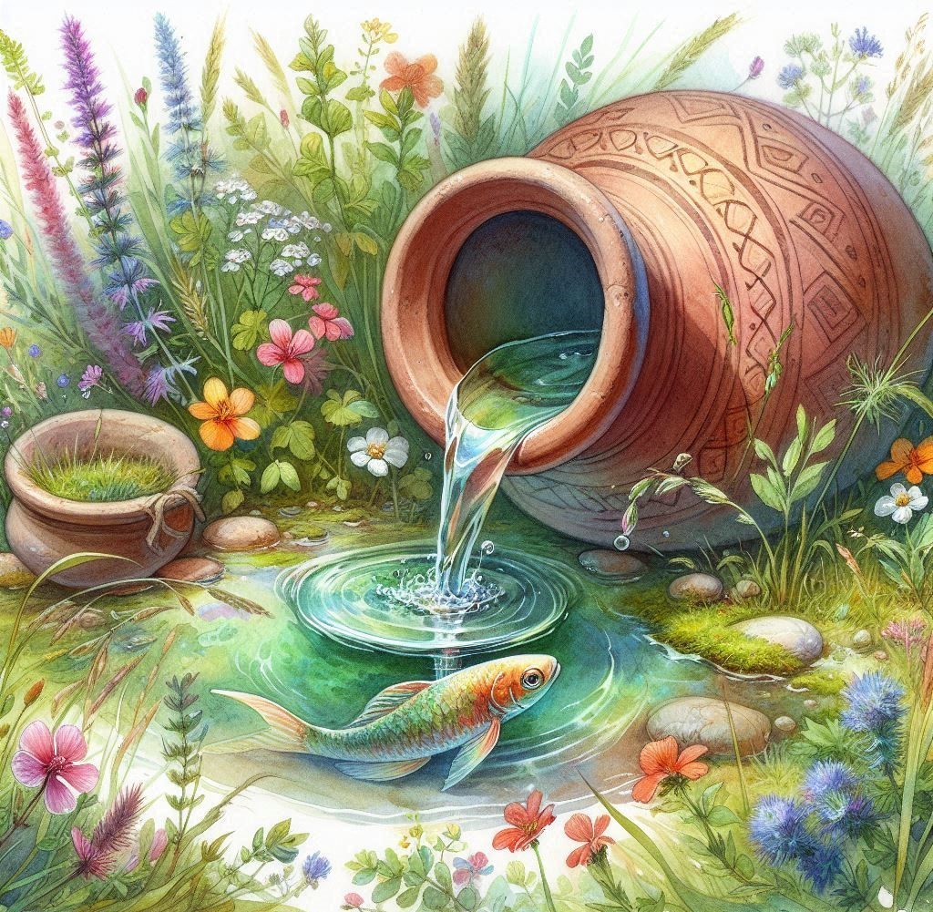 Ornate terracotta jug pouring water into pond with orange koi fish, surrounded by colorful flowers and greenery
