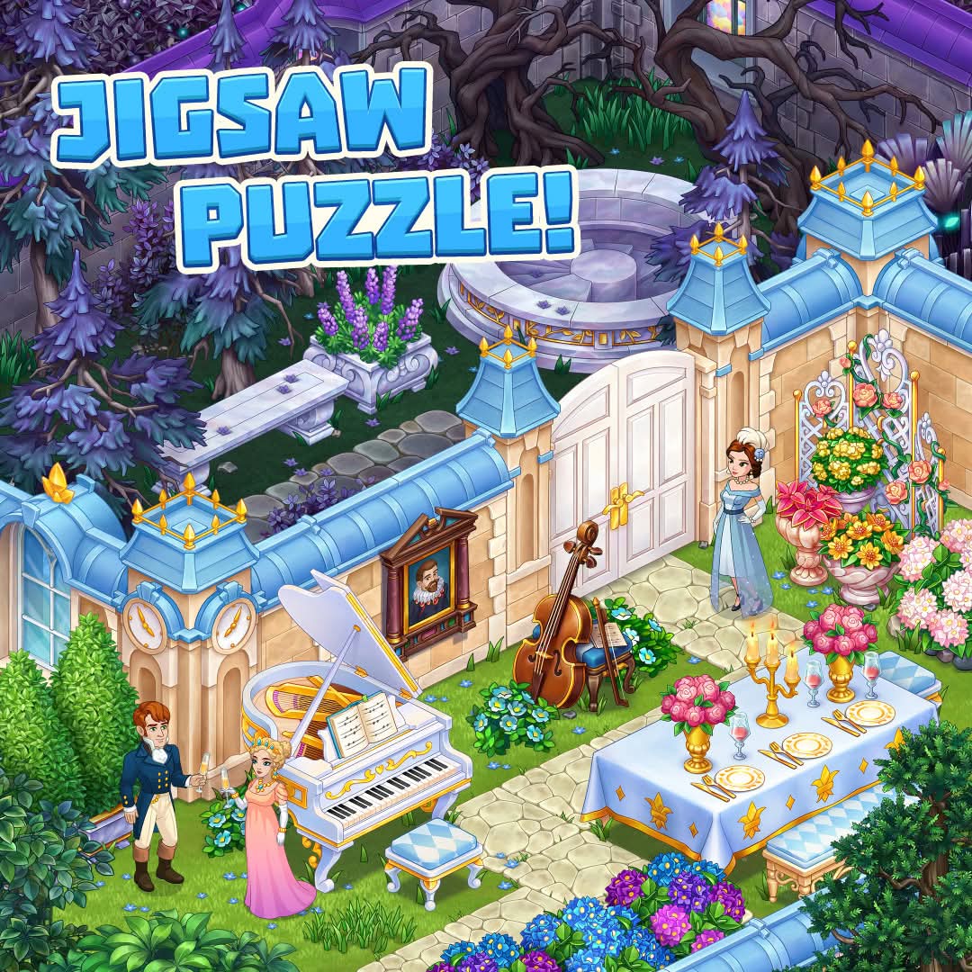 Illustrated conservatory garden with flowers, piano, table setting, and several people