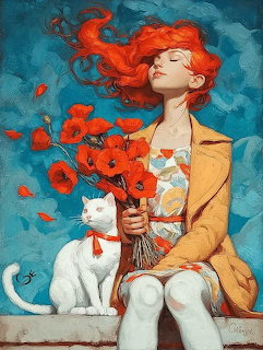 Illustration of woman with flowing red hair holding poppies, white cat sitting beside her on teal background