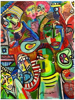Colorful abstract painting with multiple stylized human faces in bold grens, reds, blues and yellows