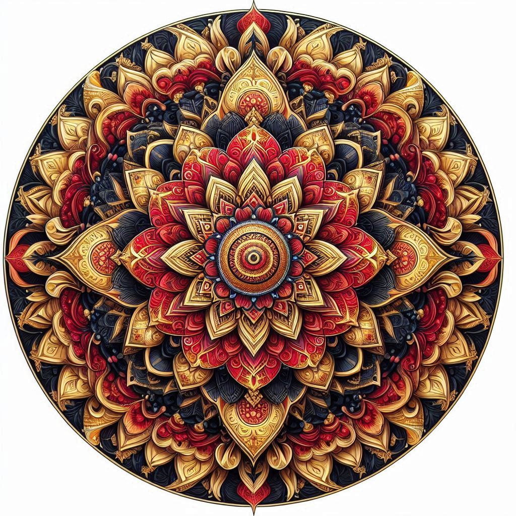 Detailed circular floral mandala in red, gold, and black on a white background