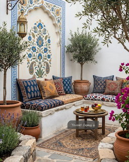 Moroccan courtyard with decorative tiled wall, colorful cushions on stone bench, olive trees, and brass tea tray