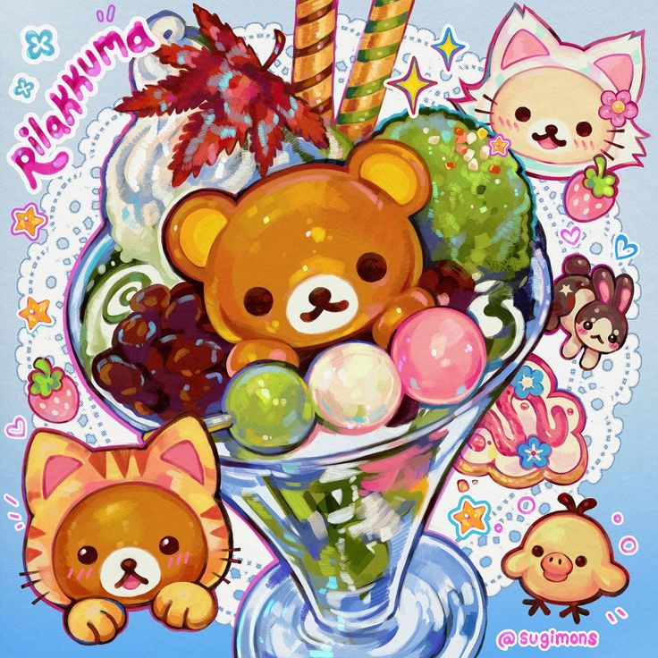 Kawaii-style illustration of a glass parfait with cute bears, candies, and fruits surrounded by cartoon animals