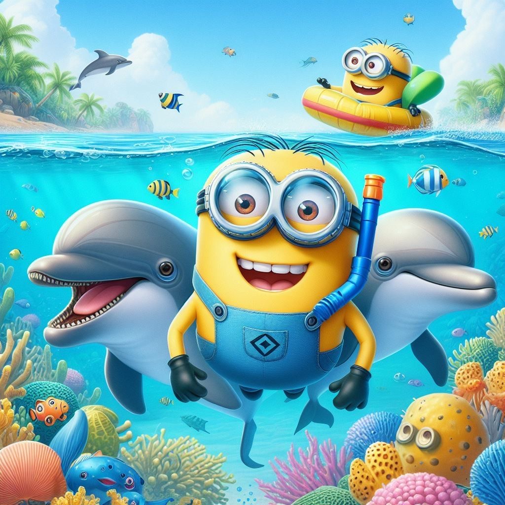 Minion character underwater surrounded by dolphins and tropical fish in a vibrant coral reef scene