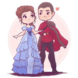 Cute cartoon couple in a blue gown and red cape standing together with a small heart