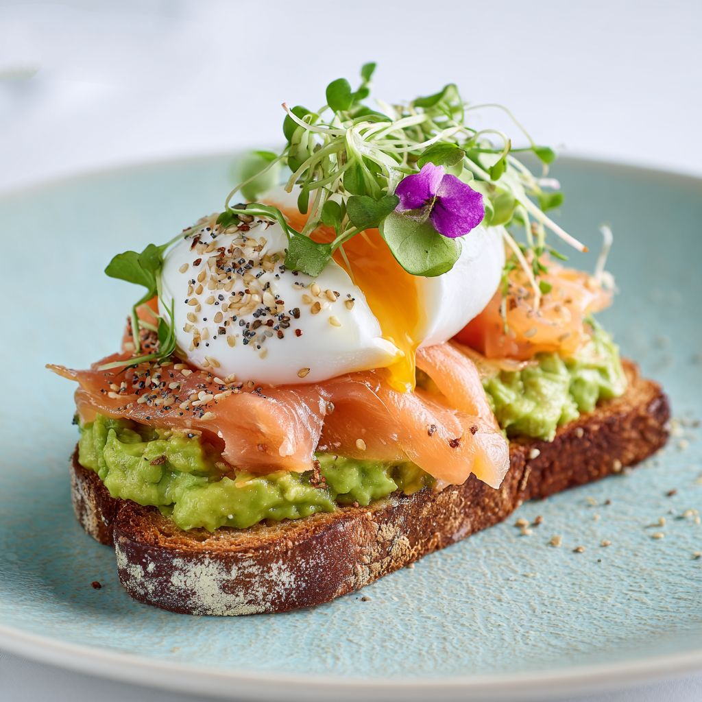 Gourmet avocado toast with salmon, poached egg, and microgreens on rustic bread